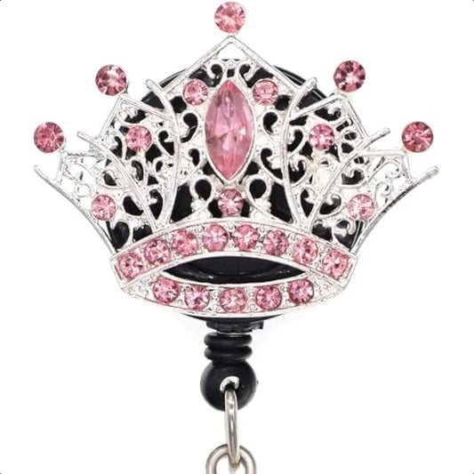 👑 Crystal Rhinestone Crown Badge Reel – Retractable ID Card Holder with Decorative Crown Design for Nurses & Office Staff