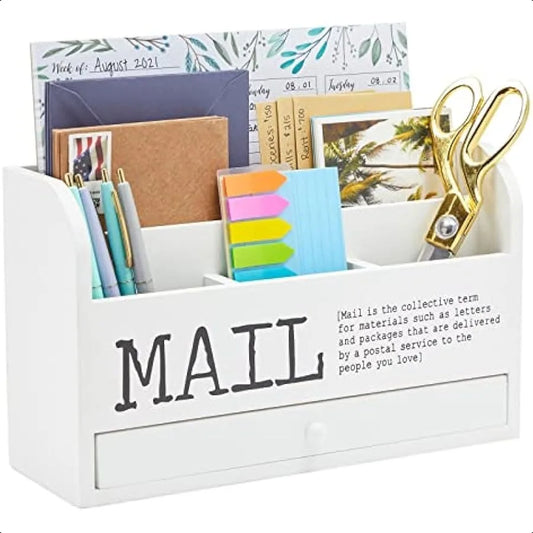 White Wooden 3-Tier Desktop Mail Organizer with Drawer – Wall-Mounted & Countertop File Holder