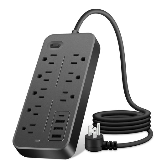 12-in-1 Power Strip with US Outlets & USB-C — Master Control Switch Multi-Tap Extension Socket for Home Office Charging