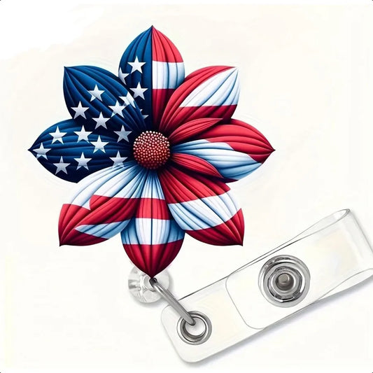 🇺🇸 4th of July Flower Badge Holder – Patriotic Retractable Badge Reel with Acrylic Design & Alligator Clip for ID Cards
