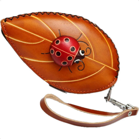 Handmade Leather Coin Purse – Ladies Leaf & Ladybug Creative Key Case Clutch Bag (Yellow)