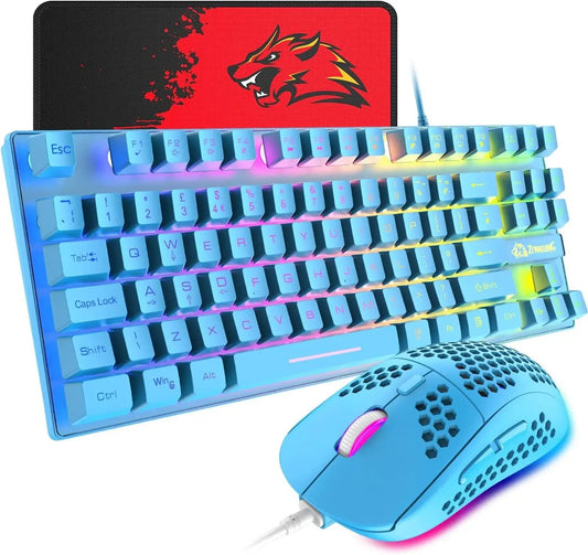 Gaming Keyboard and Mouse Combo – 88-Key Compact Rainbow Backlit Keyboard with RGB 6,400 DPI Honeycomb Lightweight Mouse