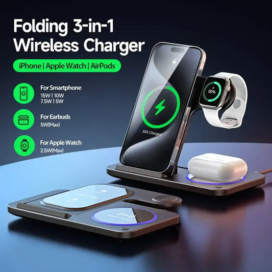 30W LED Fast Wireless Charger Stand – 3-in-1 Foldable Charging Station for iPhone 15/14/13/12, Apple Watch & AirPods Pro