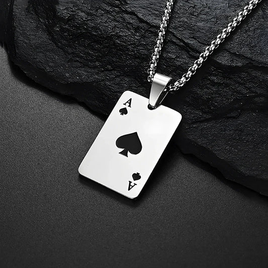 Hip Hop Poker Card Necklace for Men – Stainless Steel Ace of Spades Pendant Chain, Street Style Playing Card Jewelry