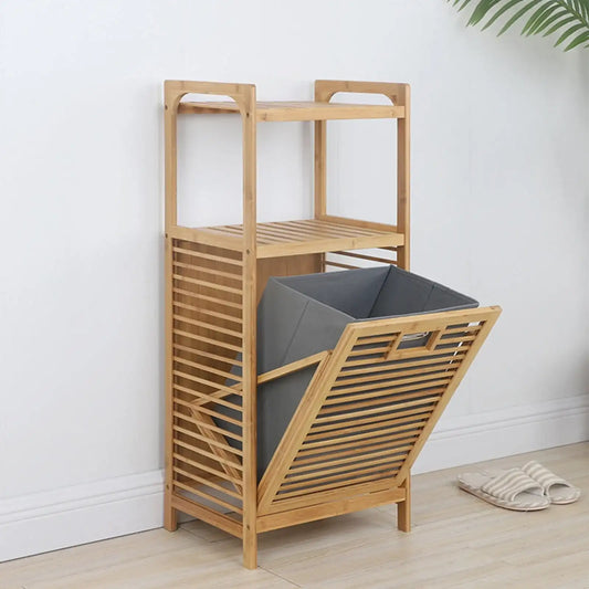 Bamboo Laundry Rack with Flip Basket – Scratch-Resistant Large Capacity Storage with 2 Shelves, Easy-to-Clean Home Organizer