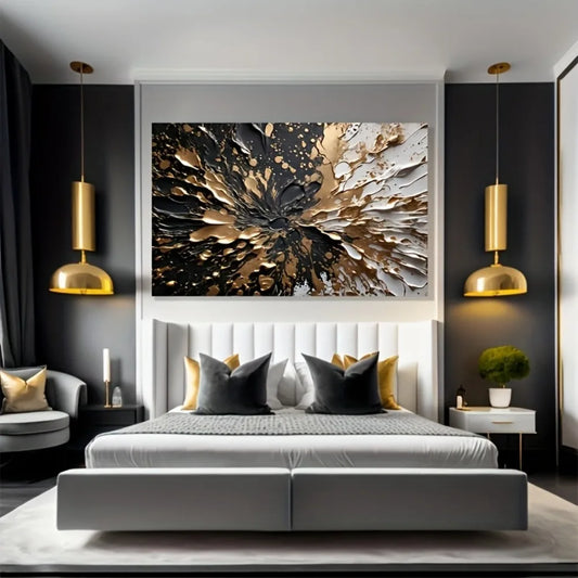 Modern Abstract Black & Gold Ink Splash Wall Art – 1.5" Solid Pine Frame for Luxury Interior Décor