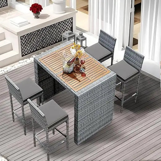 “5-Piece Rattan Patio Bar Set – Outdoor Wicker Furniture with Wood Tabletop & 4 High Stools for Garden, Poolside & Balcony Dining”