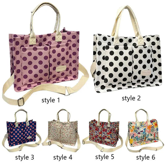 Women’s Polka Dot & Floral Tote Bag – Large-Capacity Stylish Shoulder & Crossbody Bag with Adjustable Strap & Multi-Pockets for Travel