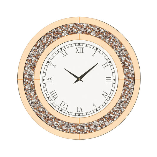 Luvodi Crystal Mirror Wall Clock – Sparkle Bling Diamond Round Wall Clock with Silver & Tawny Crushed Crystal Detailing