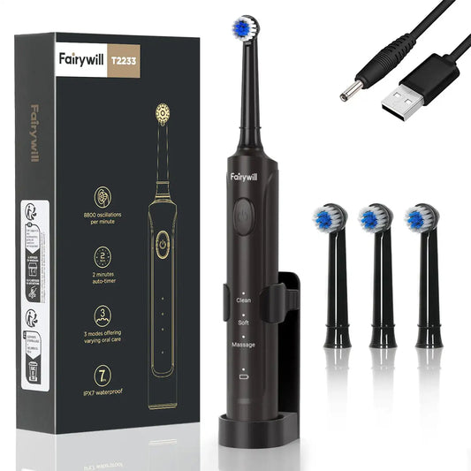 Fairywill Electric Toothbrush T2233 – Rechargeable Sonic Toothbrush with Powerful Rotation Cleaning & 4 Replacement Heads
