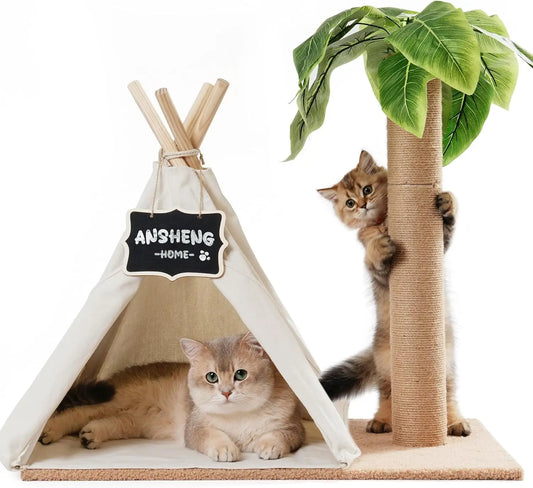 Mewoofun Cat Scratching Post Teepee – 60CM Tall Cat Tree with Simulated Leaves, Pet Bed Tent & Indoor Play House for Cats