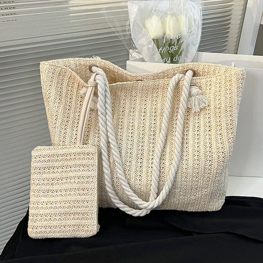 Designer women’s straw tote bag – large-capacity summer beach handbag, casual woven Bali-style purse for vacation, shopping & daily use
