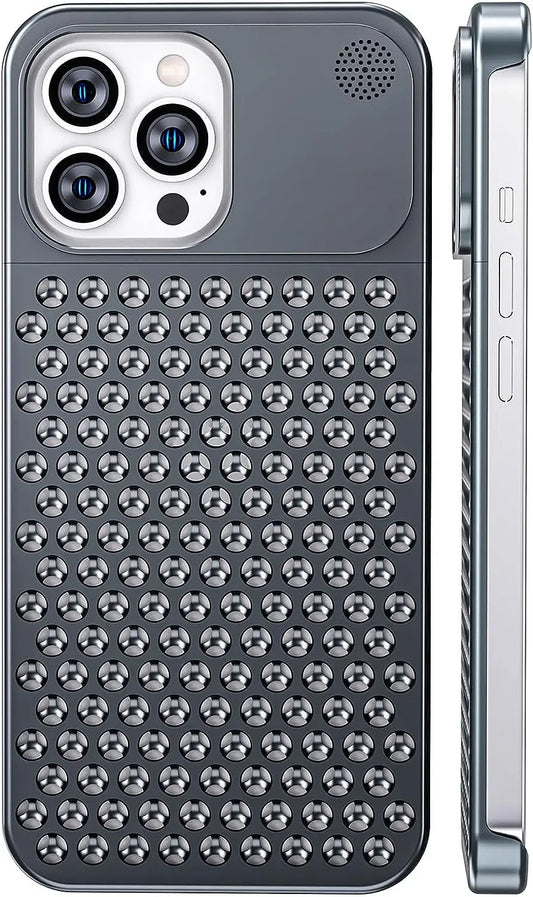 Aluminum Alloy Cooling Hollow Metal Case – Aromatherapy Shockproof Rimless Cover for iPhone 12/13/14/15 Pro Max & Plus