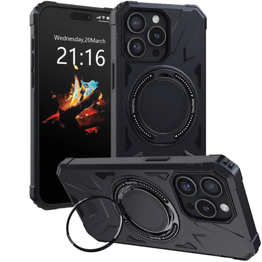 Heavy Duty Rugged Hybrid Case for iPhone 15/15 Plus/15 Pro/15 Pro Max – Magnetic Shockproof Cover with Ring Kickstand