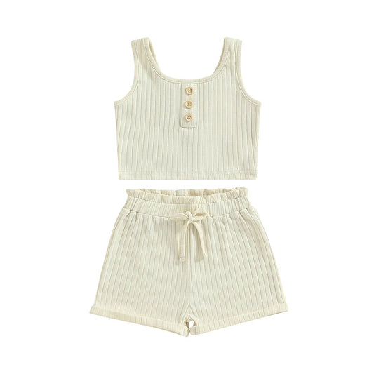 Lioraitiin Girls’ 2-Piece Summer Outfit – Sleeveless Knit Vest Top & Solid Drawstring Shorts Set for Kids 0–8 Years