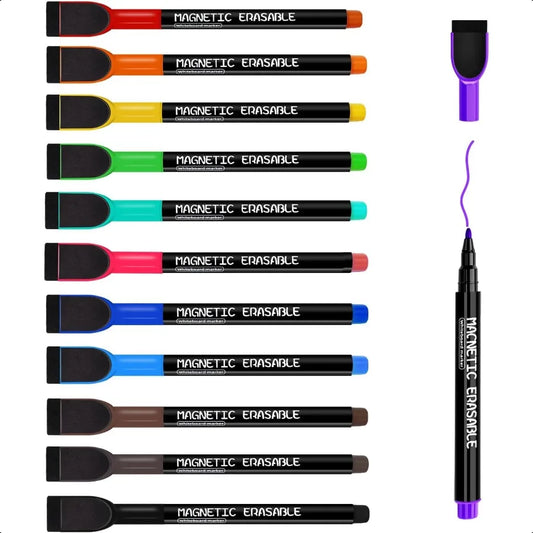 Magnetic Dry Erase Markers – 12 Colors Fine Tip Whiteboard Pens with Eraser Caps & Low Odor Ink
