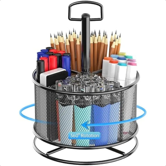 360° Rotating Mesh Pen Holder – 4-Compartment Desk Organizer with Swivel Base