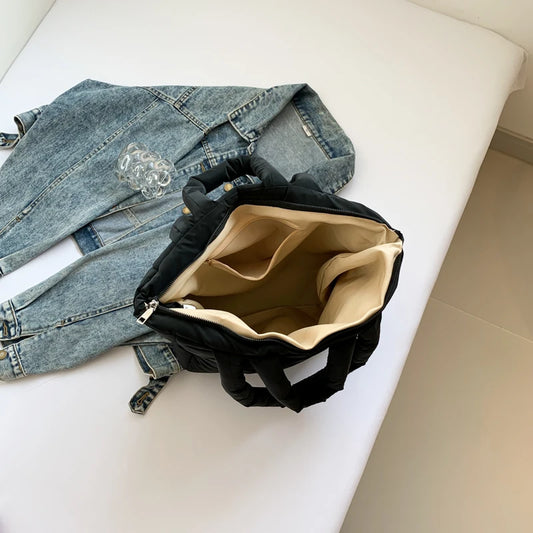 Women’s puffer tote bag – lightweight quilted padded shoulder handbag, solid-color fashion tote purse for outdoor travel, shopping & daily use