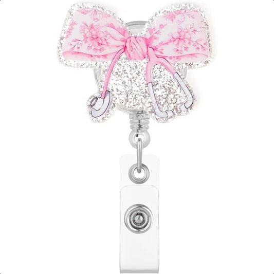 🌸 Pink Floral Stethoscope Bow Badge Reel – Sparkly Glitter Retractable ID Holder with Alligator Clip for Nurses & Medical Staff