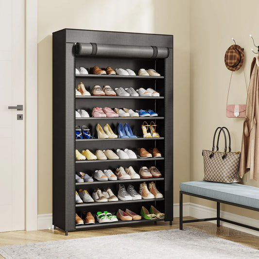 10-Tier Shoes Rack with Cover – Large Capacity Black Shoe Storage Organizer for Entryway & Closet (Up to 50 Pairs)