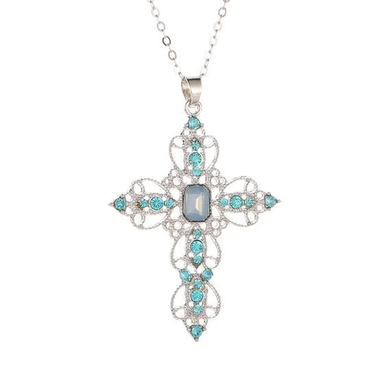 Gothic Zircon Cross Necklace – Unisex Y2K Large Pendant with Irregular Crystal Design for Men & Women
