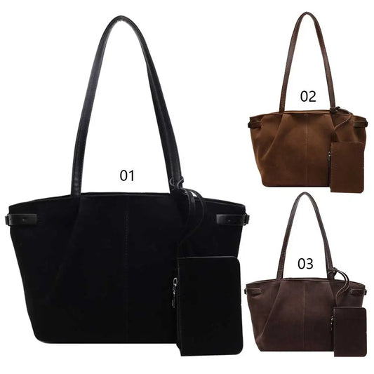 Solid-Colour Suede Tote & Shoulder Bag – Zip Closure Satchel for Work & Travel