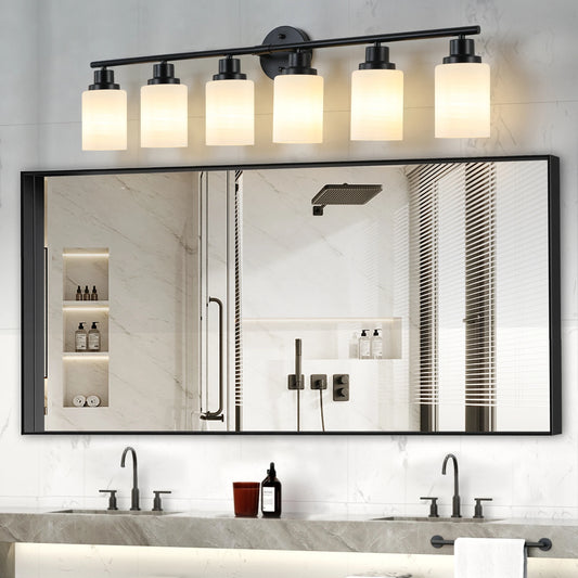 Modern Vanity Bathroom Mirror Light – 4/5/6 Lights, Frosted White Glass Lampshades with Black Iron Frame Contemporary Wall Sconce