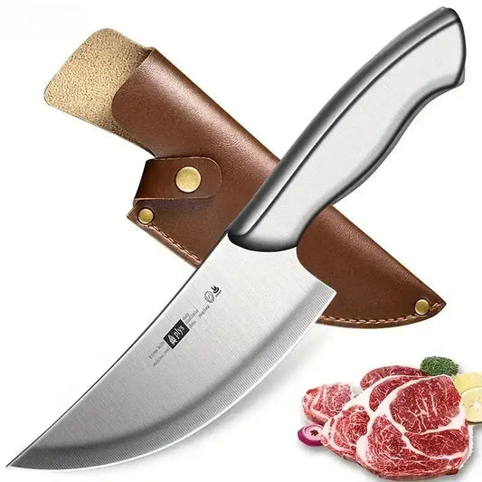 All-Steel Boning Knife with Leather Sheath – Professional Grade Fixed Blade Meat Cleaver for Outdoor Barbecues & Butchering