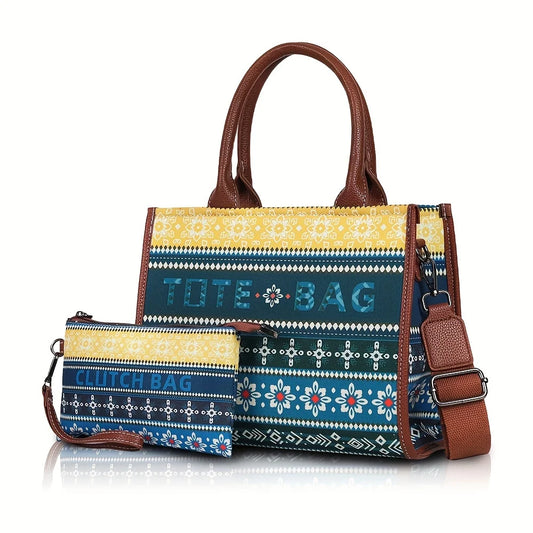 2PCS Bohemian Style Tote Bags – Retro Canvas & Leather Handbags for Women, Splash-Resistant Design