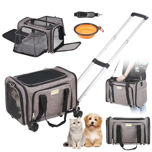 Airline-Approved Cat & Dog Carrier with Wheels – Rolling Travel Bag with Telescopic Handle, Ventilated Design & Shoulder Strap