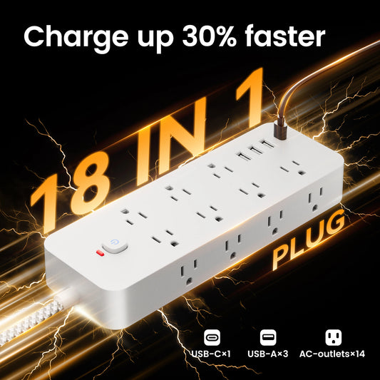 18-in-1 Multitap Power Strip – US Plug Extension with AC Outlets, USB & Type-C Ports, 4FT Braided Cord, Smart Home Electrical Socket