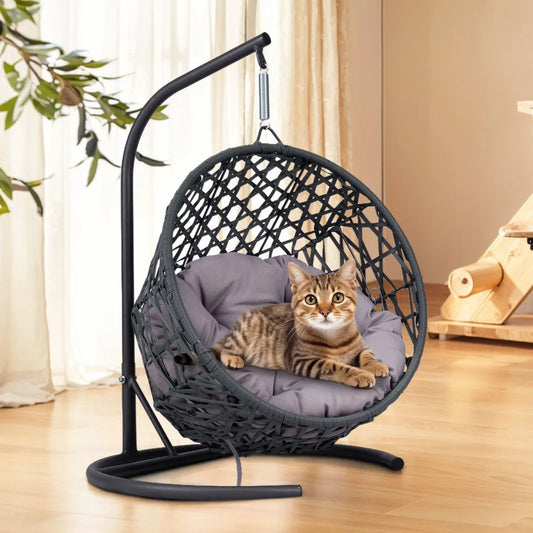 Cat Swing Bed with Stand – Indoor Hanging Egg Chair with Cushion, Rattan Wicker Style Swinging Pet Bed for Cats & Small Dogs