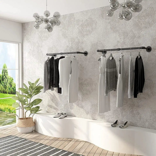 2-Pack Industrial Pipe Clothes Rail Rack – Wall-Mounted Garment Rods & Heavy-Duty Iron Closet Organizer for Hanging Clothes”