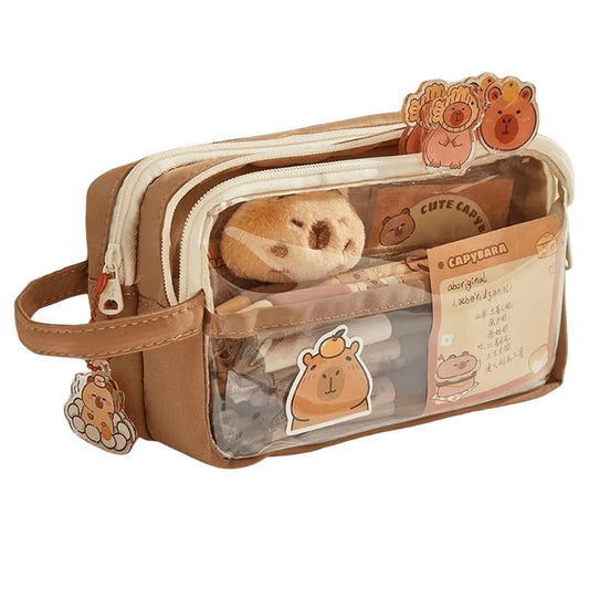 Sweet Capybara Pencil Case with Compartments – Clear Cartoon Stationery Pouch with Sticker Pendant