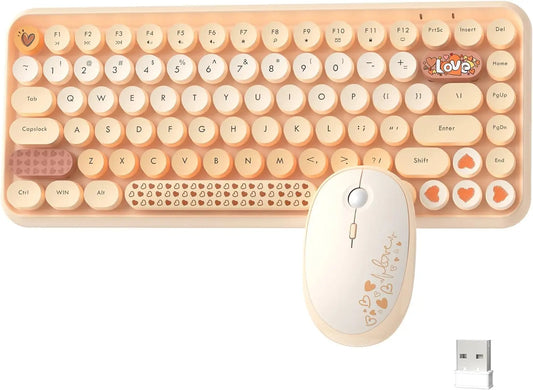 308i Pink Wireless Keyboard and Mouse Set – 2.4G Retro Typewriter Style with Gradient Round Keycaps & Cute Design
