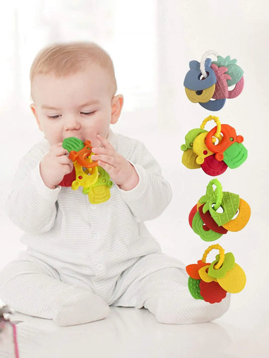 Fruit-Shaped Baby Teether Rattle Set – Random Colors, Educational Sensory Toys for Teething Relief & Early Development