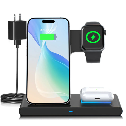 Magnetic 3-in-1 Wireless Charging Station – Foldable 18W Fast Charging Pad for iPhone 12–16, Apple Watch & AirPods