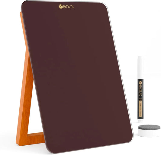 Glass Desk Whiteboard with Reversible Wood Stand – Small Portable Dry Erase Desktop Board