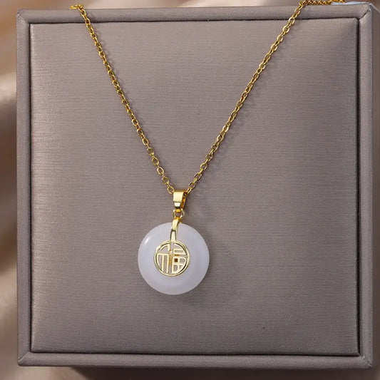 Gold-Color Stainless Steel Round Jade Lucky Necklace for Women & Men – Retro Blessing Pendant 🎁💫