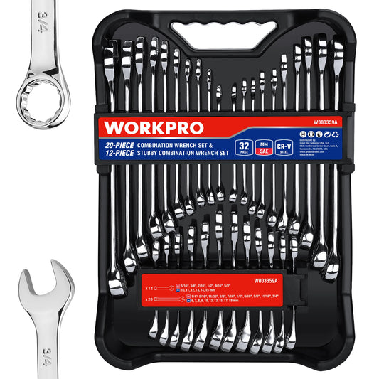 WORKPRO 32-Piece SAE & Metric Combination Wrench Set – Standard + Stubby Wrenches with Organizer Tray