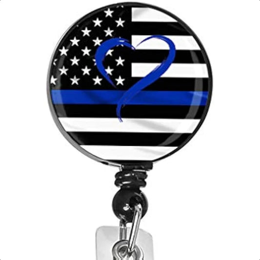 🇺🇸 Blue Line American Flag Badge Holder – Custom ID Card Reel Clip, Decorative Name Tag & Badge Clip for Work & Events