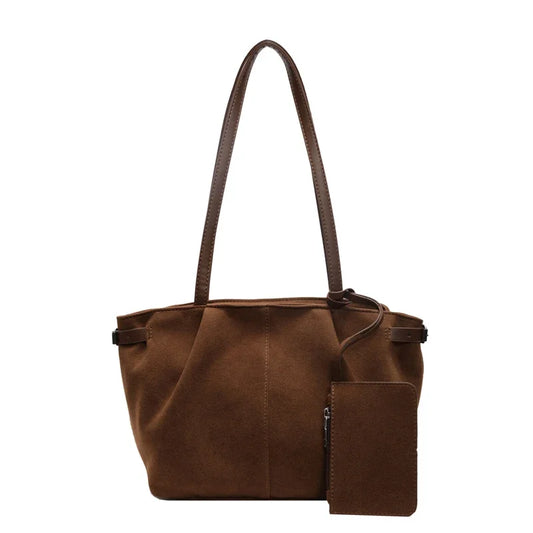 Women’s Suede Tote Bag with Inner Pocket – Solid Color Under-Arm Satchel for Work & Travel