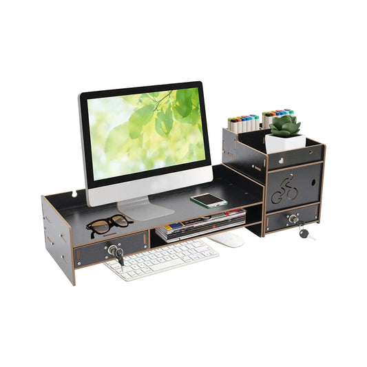 Wooden Computer Monitor Stand with Lockable Drawers – Desk Riser & Organizer Shelf for Office Storage and Workspace Setup