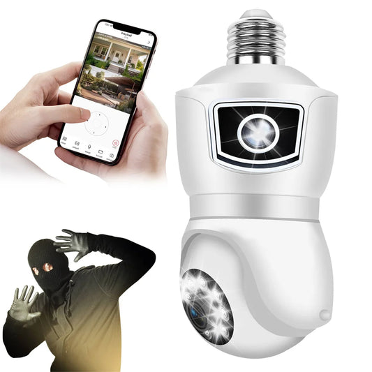 E9 Smart Bulb Dual-Lens 1080p WiFi Camera – Wireless Indoor Security Light with 4 LED Night Vision & Dome Socket Design