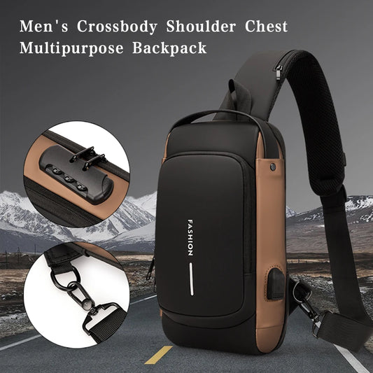 Men's PU Leather Chest Bag – Waterproof Anti-Theft Crossbody Sling with USB Charging Port for Travel & Sports