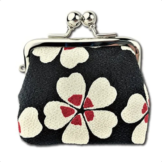Japanese Edo Komon Coin Purse – Traditional Cherry Blossom Design Small Change Pouch (Black)