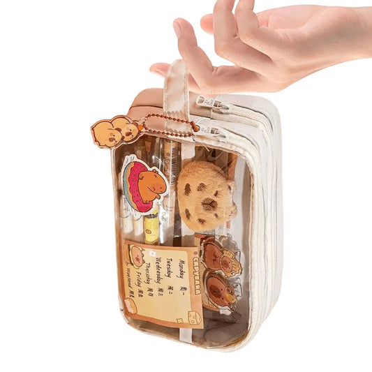 Sweet Capybara Pencil Case with Compartments – Clear Cartoon Stationery Pouch with Sticker Pendant