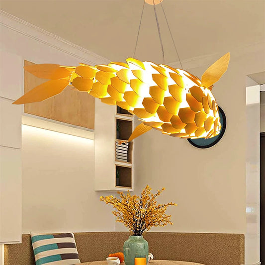 Luvodi 2PCS Large Fish-Shaped Wooden Weaving Chandeliers – Artistic Ceiling Lights for Home & Restaurant 🐟✨