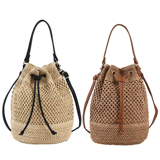 Drawstring Straw Beach Crossbody Bag for Women – Adjustable Strap Summer Shoulder Tote (Woven Raffia Style)