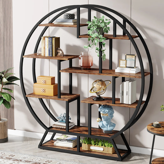 63" Industrial Round Bookshelf – Tribesigns Wood & Metal Bookcase with Staggered Display Shelves